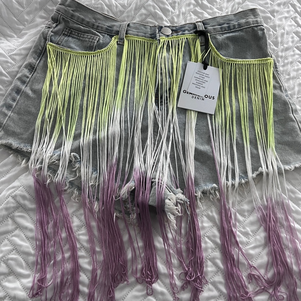 Cowgirl Glamorous purple green fringe denim shorts size M